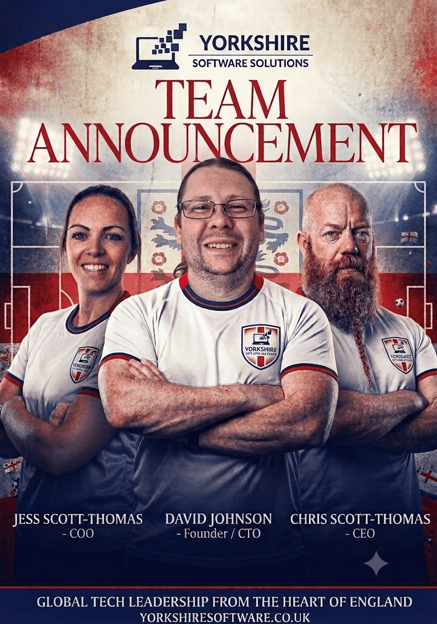 Yorkshire Software Solutions Team Announcement - Jess Scott-Thomas (COO), David Johnson (Founder/CTO) and Chris Scott-Thomas (CEO)