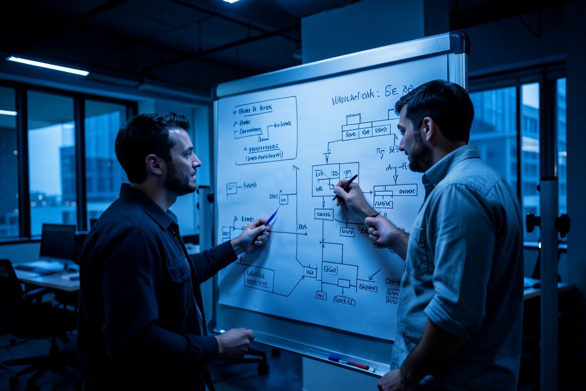 Two engineers discussing a system architecture diagram on a whiteboard