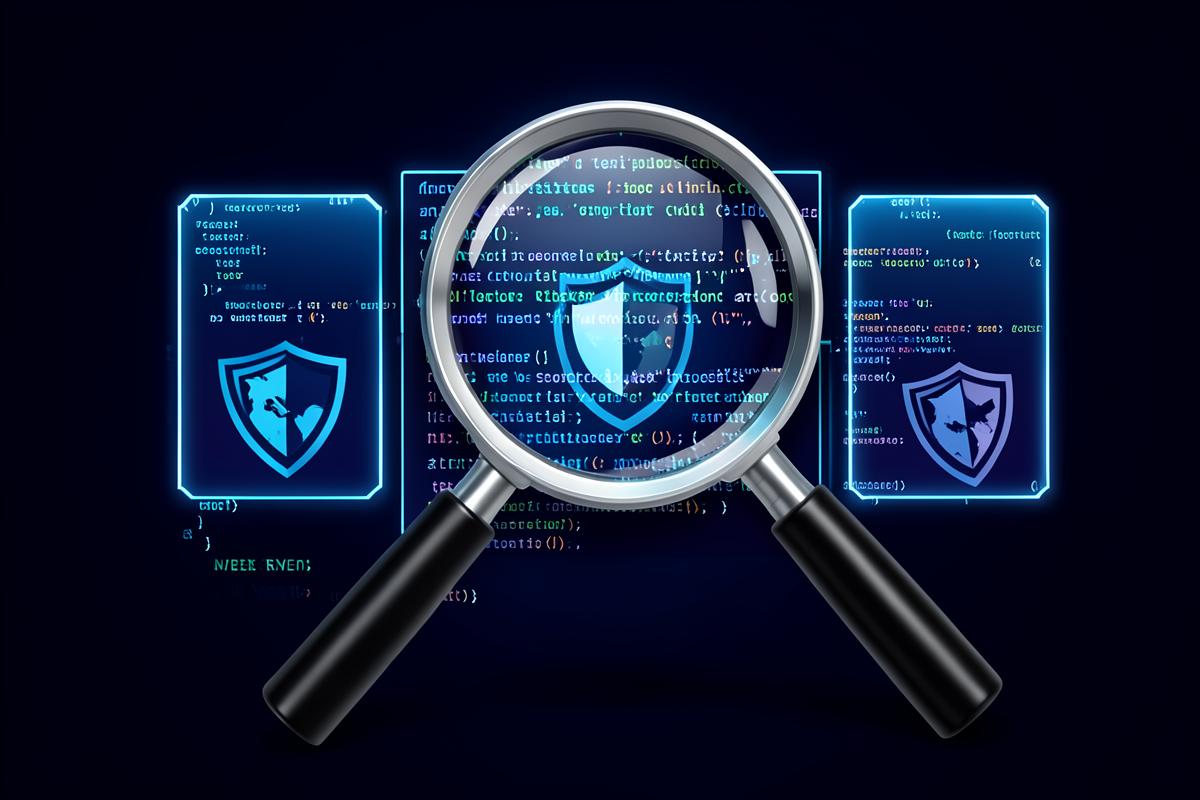 Magnifying glass over glowing code panels with a security shield motif